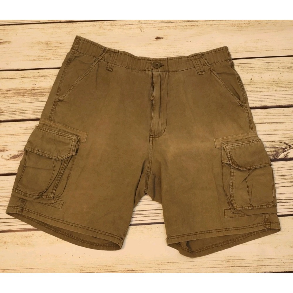 Trailer Men's 36 Cargo Shorts Khaki Olive Drawstring Zip 55% Linen 45% Cotton - Picture 1 of 5